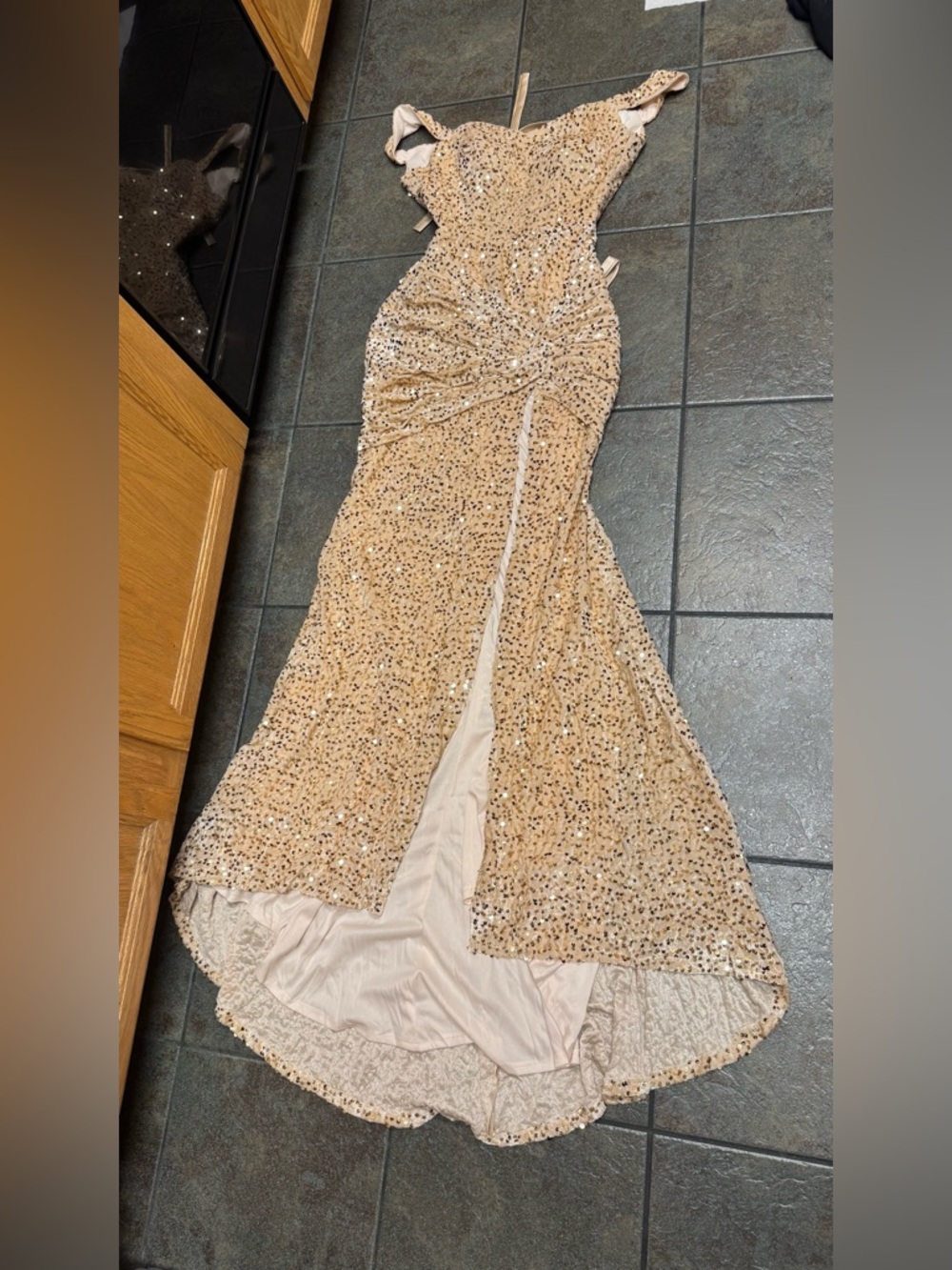 Sequin Corset Ruched Evening Dress in Champagne size 0-2 (XS/S)
